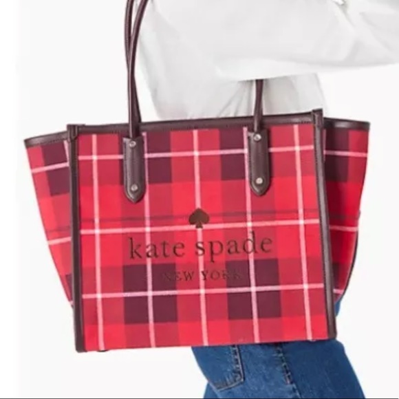 NEW Kate Spade Bright Rose Ella Plaid Tote WKR00604 $299 Red - Picture 9 of 10
